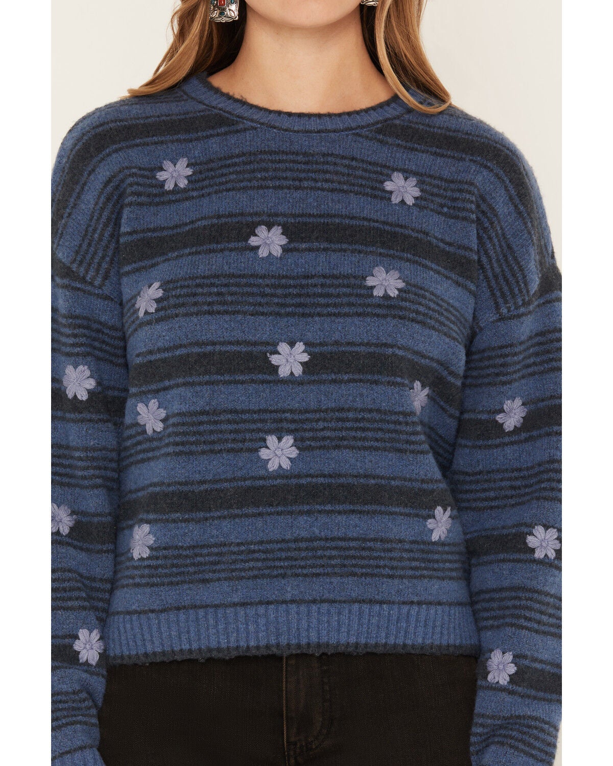 Image #3 - Saltwater Luxe Women's Floral Embroidered Striped Print Sweater, Blue, hi-res