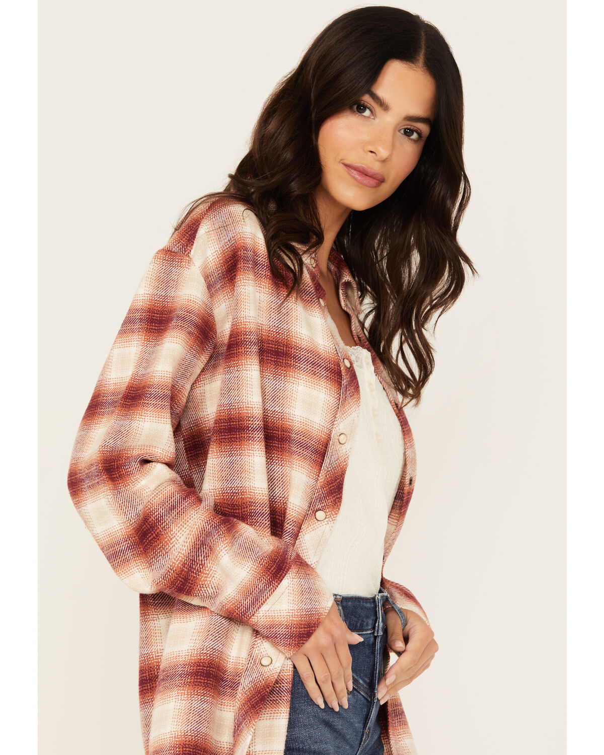 Image #2 - Idyllwind Women's Roby Plaid Print Long Sleeve Snap Shirt, Maroon, hi-res