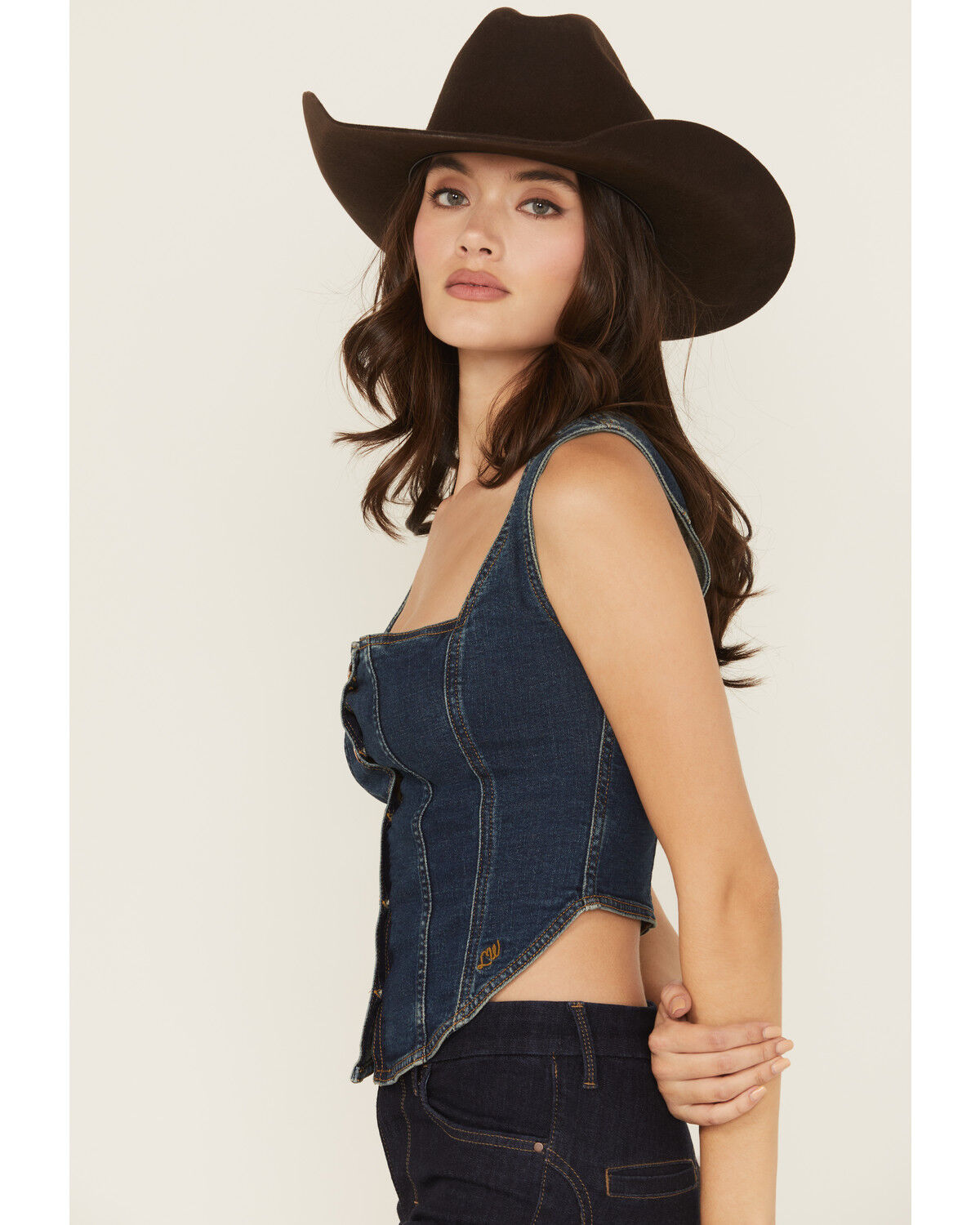 Image #2 - Wrangler x Lainey Wilson Women's Pony Up Button-Down Bustier Denim Top, Dark Wash, hi-res