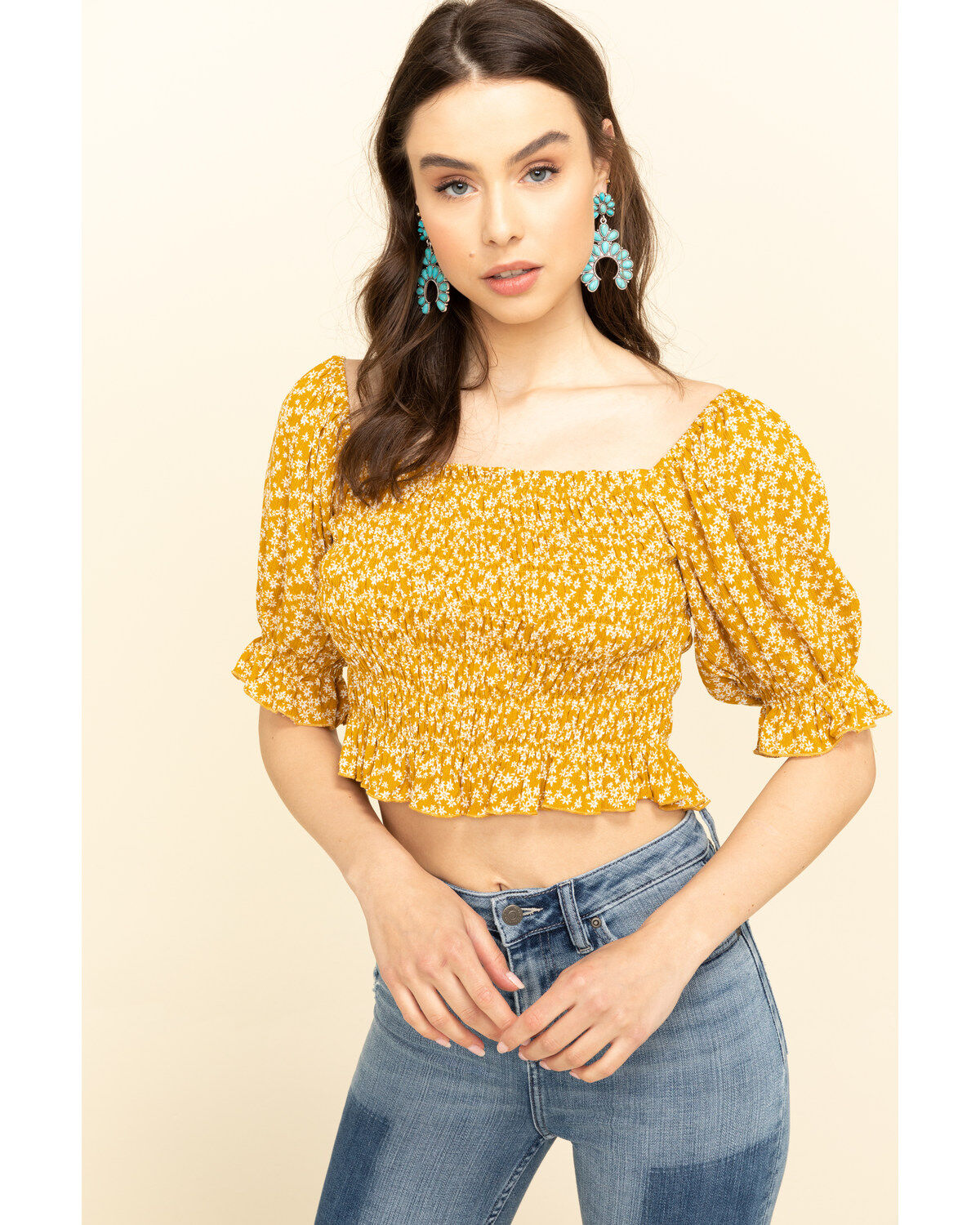 Image #1 - Loveriche Women's Floral Print Smocked Crop Top, , hi-res