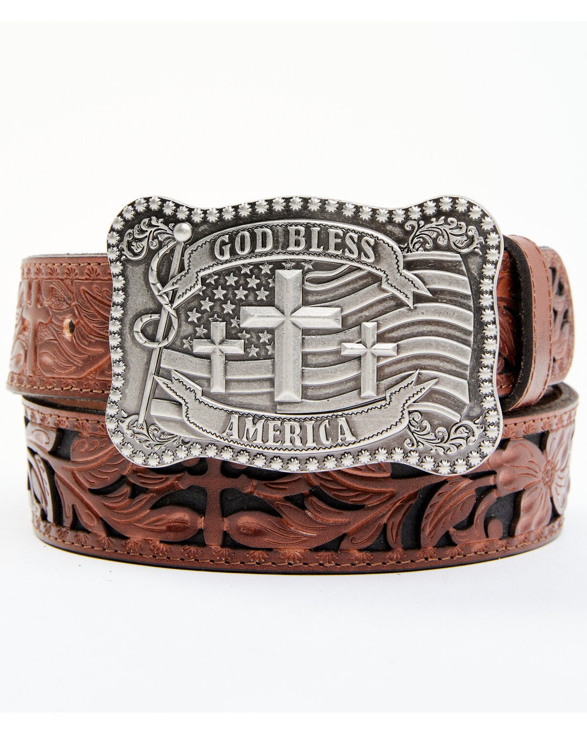 Cody James Men's God Bless America Cross Buckle Leather Belt, Black/brown, hi-res