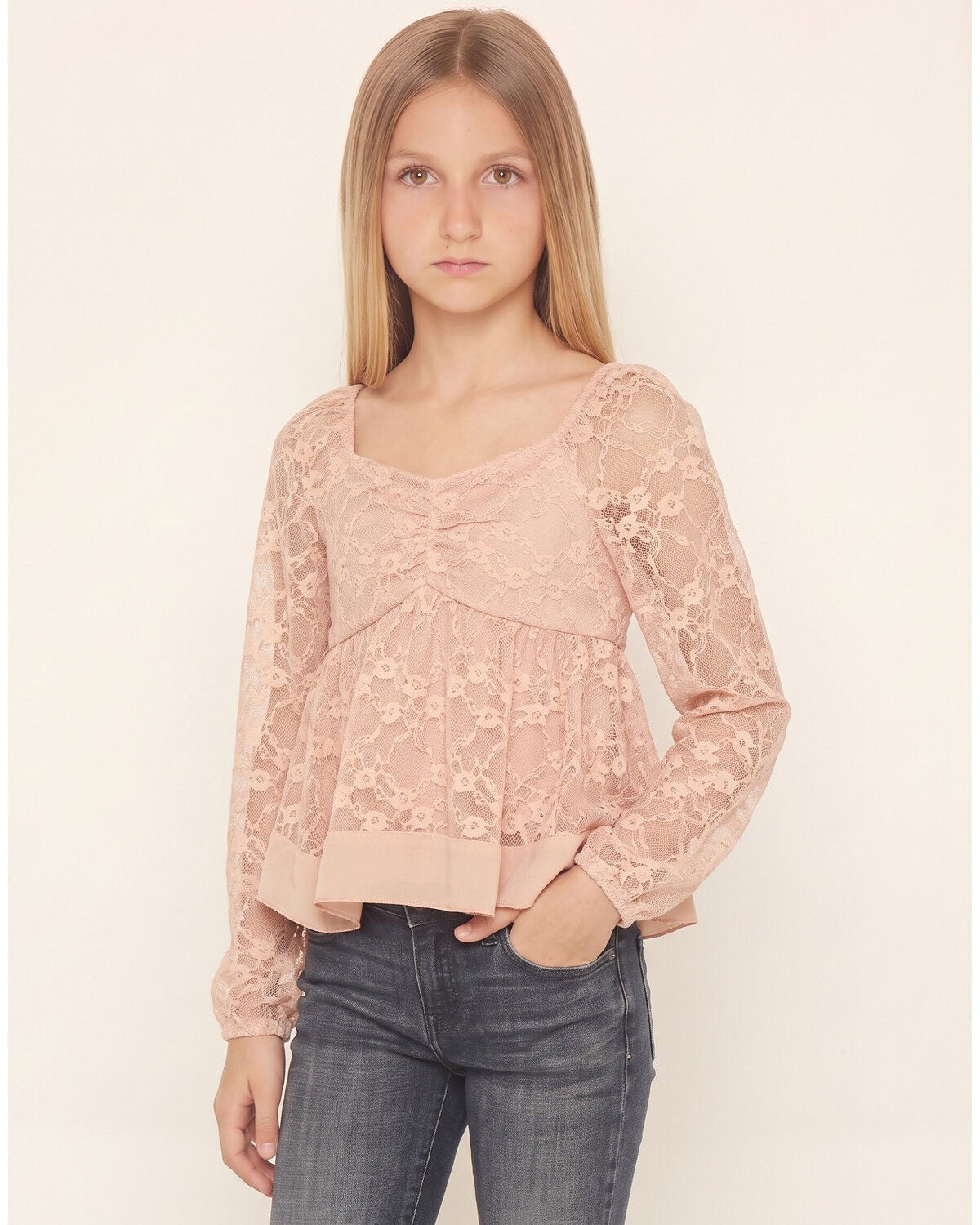 Image #1 - Shyanne Girls' Long Sleeve Lace Top, Pink, hi-res