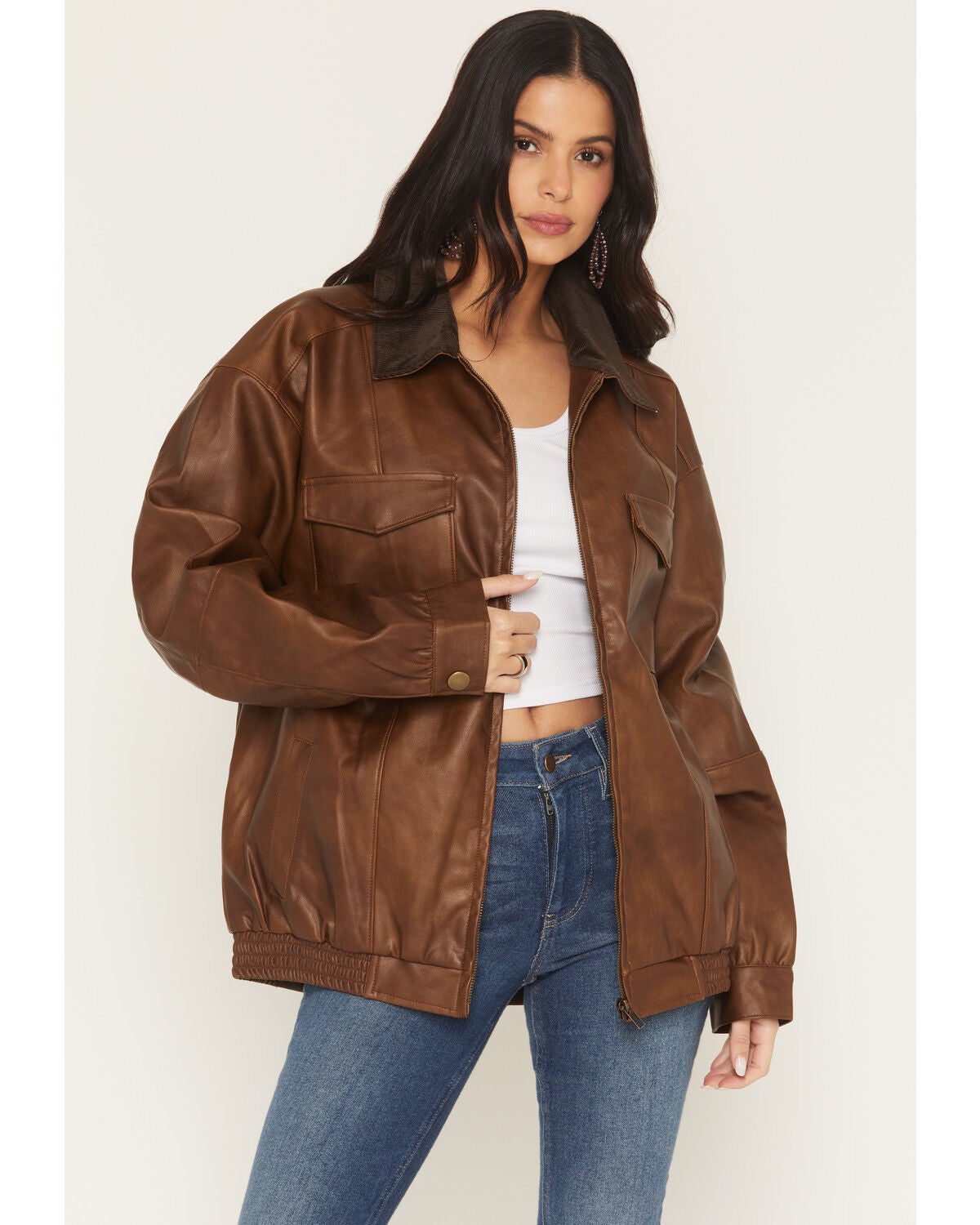 Show Me Your Mumu Women's Maverick Faux Leather Bomber Jacket, Brown, hi-res