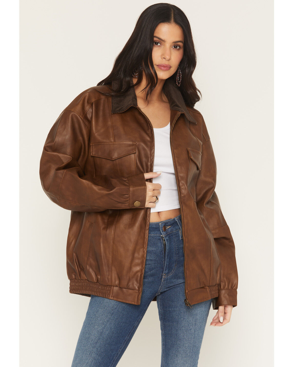 Image #1 - Show Me Your Mumu Women's Maverick Faux Leather Bomber Jacket, Brown, hi-res