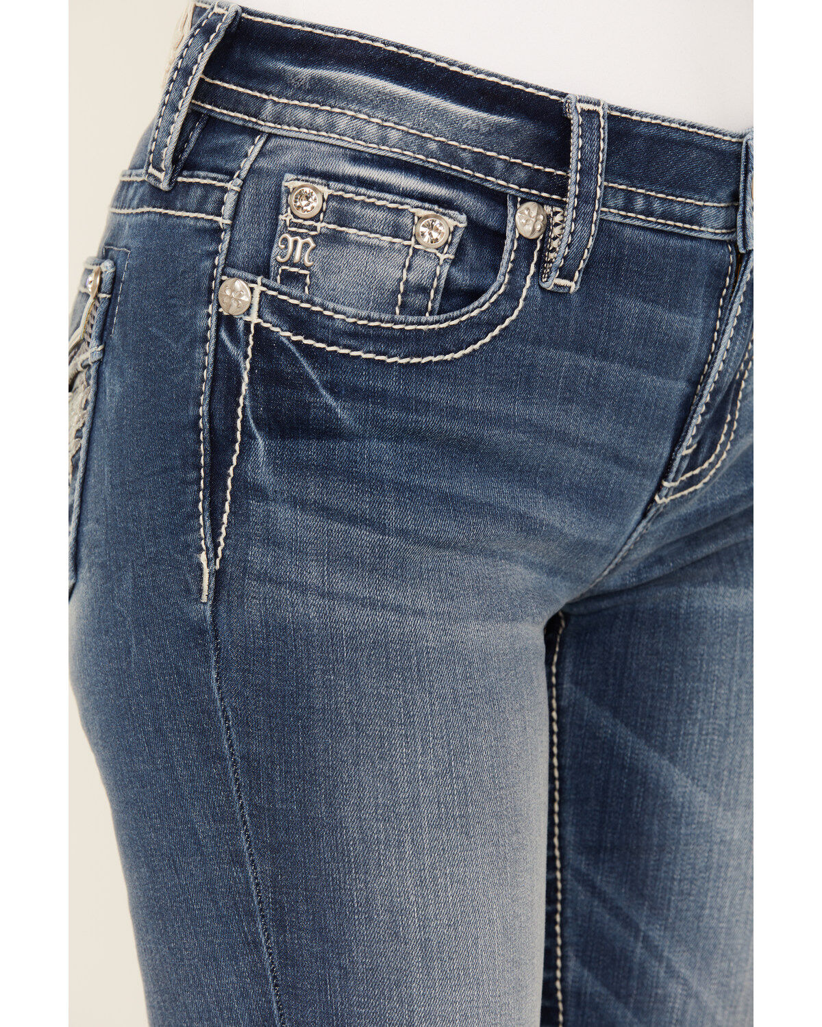 Image #4 - Miss Me Women's Medium Wash Mid Rise Wing Pocket 32" Bootcut Stretch Denim Jeans, , hi-res