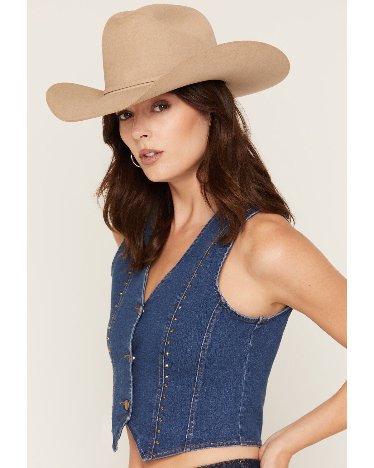 Image #2 - Blue B Women's Boot Barn Exclusive Boot Stitch Studded Denim Vest, Medium Wash, hi-res