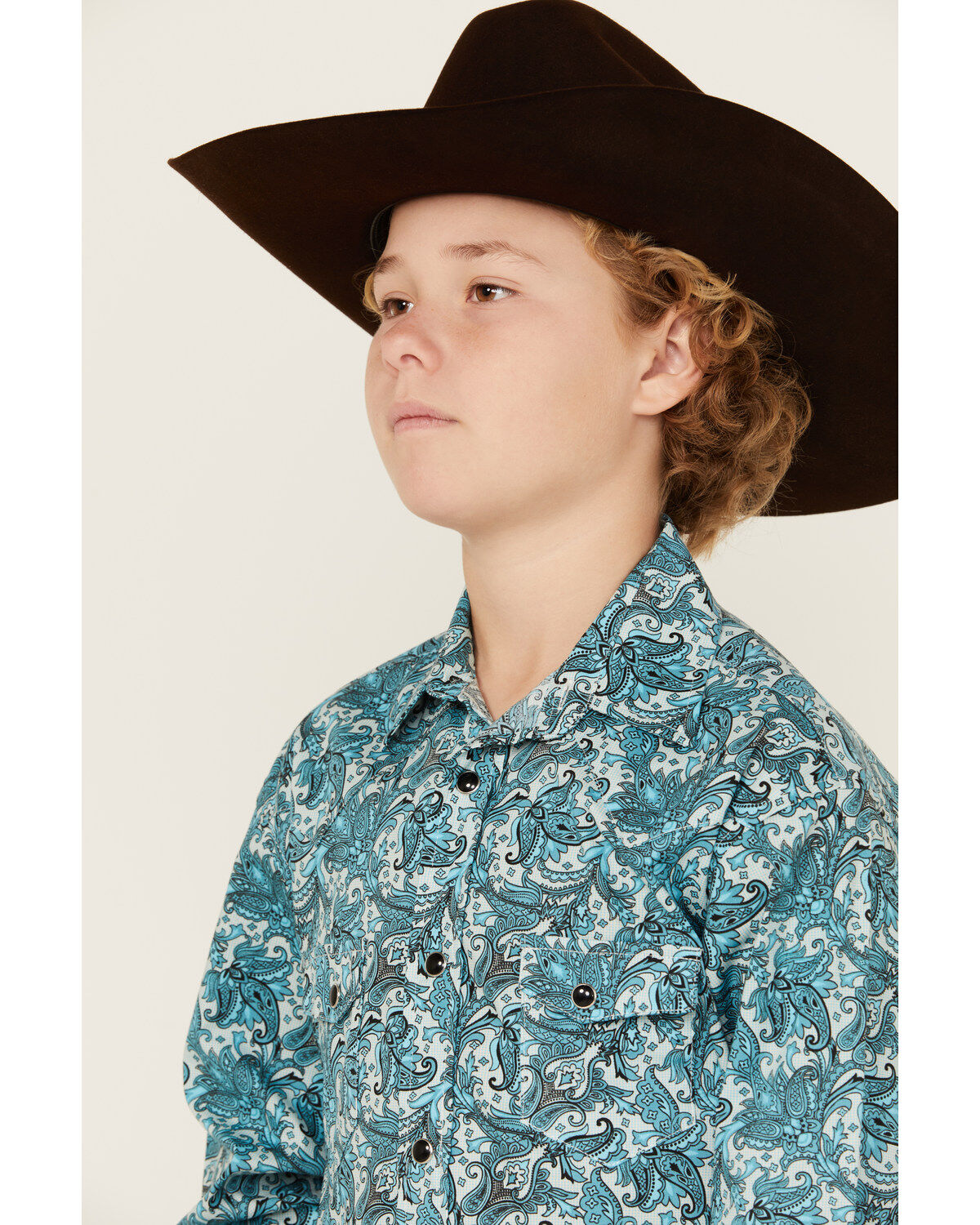Product Name:  Rock & Roll Denim Boys' Paisley Print Long Sleeve Pearl Snap Stretch Western Shirt