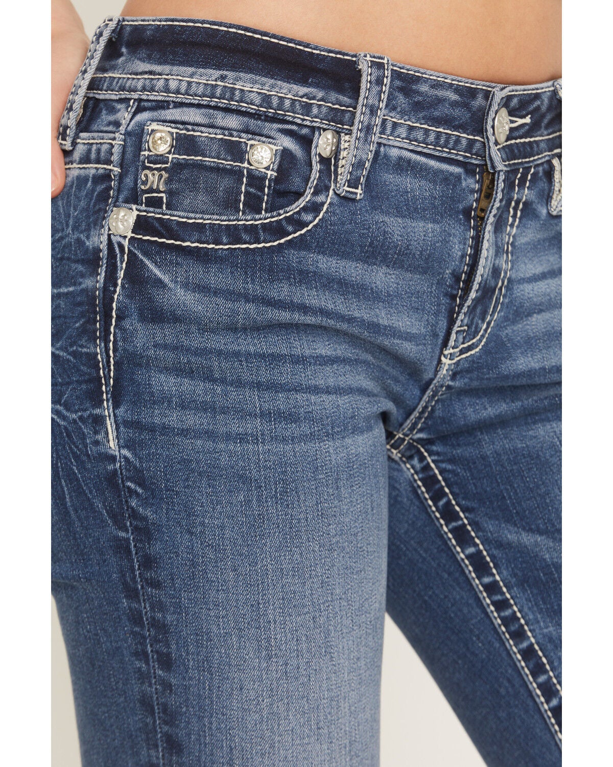Image #4 - Miss Me Women's Medium Wash Mid Rise Fleur De Lis Pocket 32" Bootcut Stretch Denim Jeans, Medium Wash, hi-res