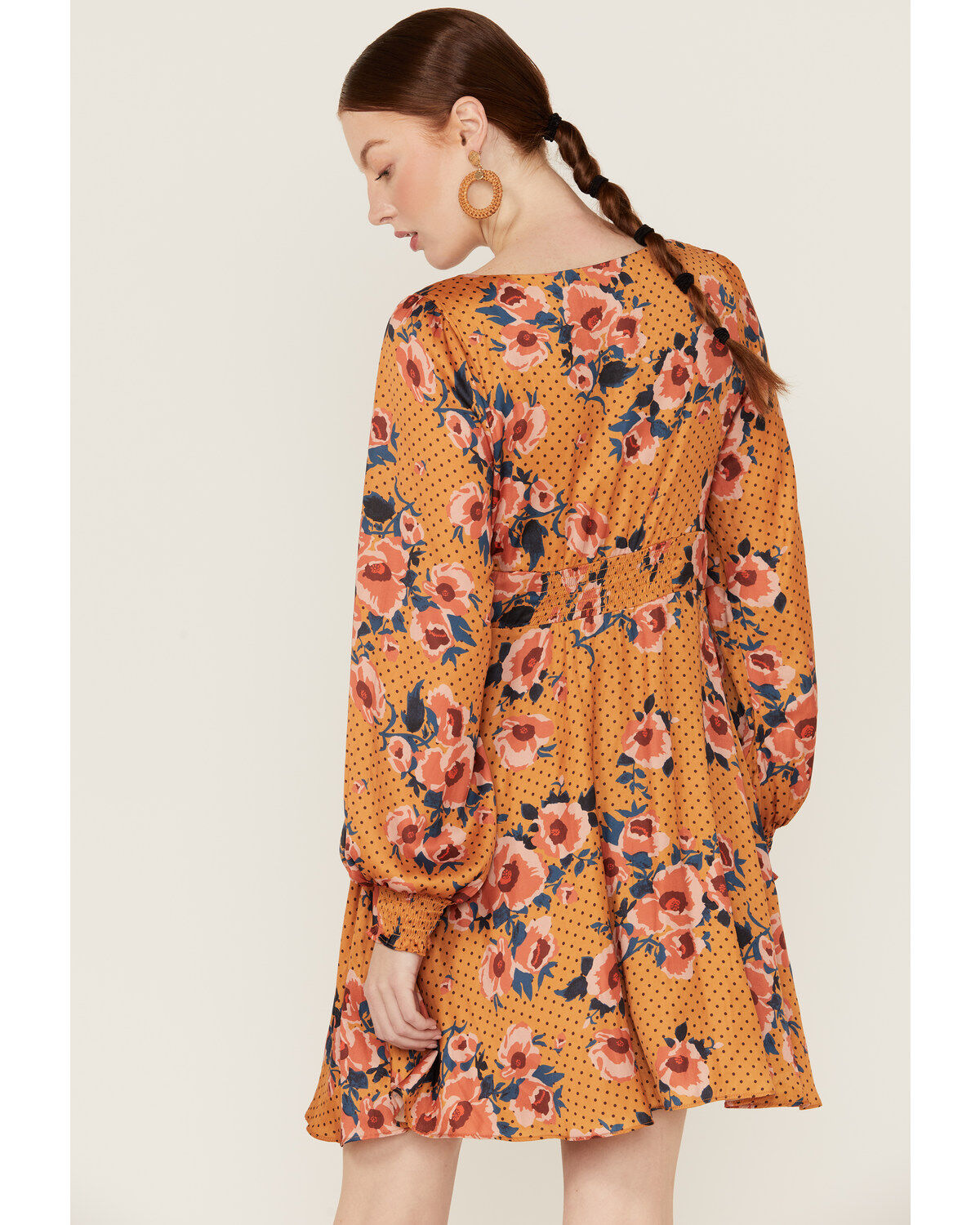 Image #4 - Beyond The Radar Women's Floral Dot Satin Long Sleeve Mini Dress, Mustard, hi-res