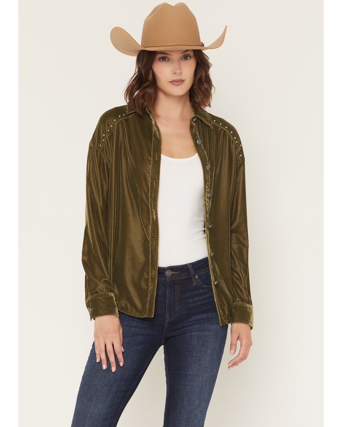 Rock & Roll Denim Women's Oversized Studded Velvet Concho Button Shirt, Olive, hi-res