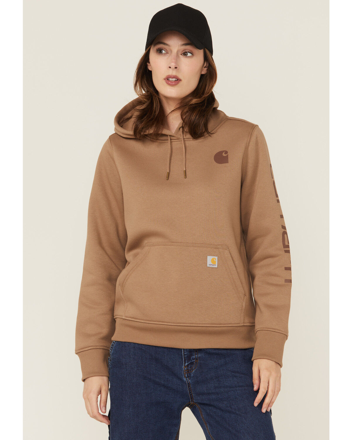 Image #1 - Carhartt Women's Relaxed Fit Midweight Logo Graphic Hoodie, Tan, hi-res