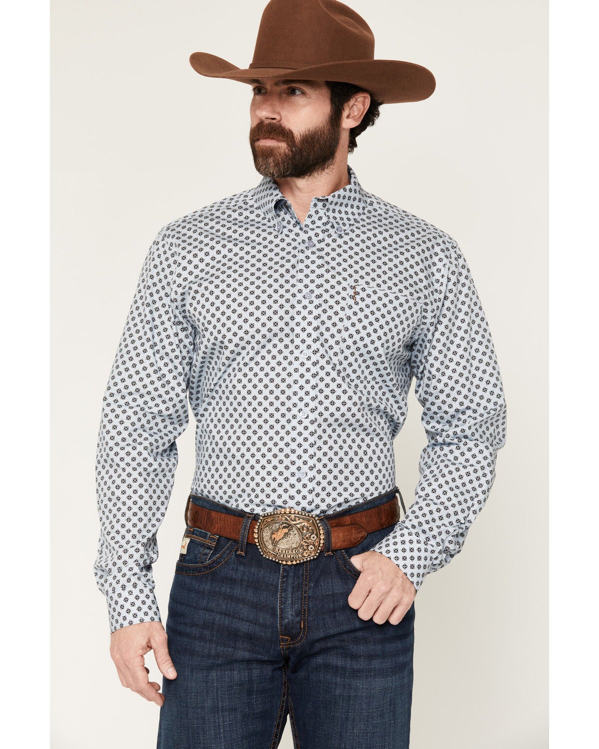 Cinch Men's Geo Print Long Sleeve Button-Down Western Shirt, Light Blue, hi-res