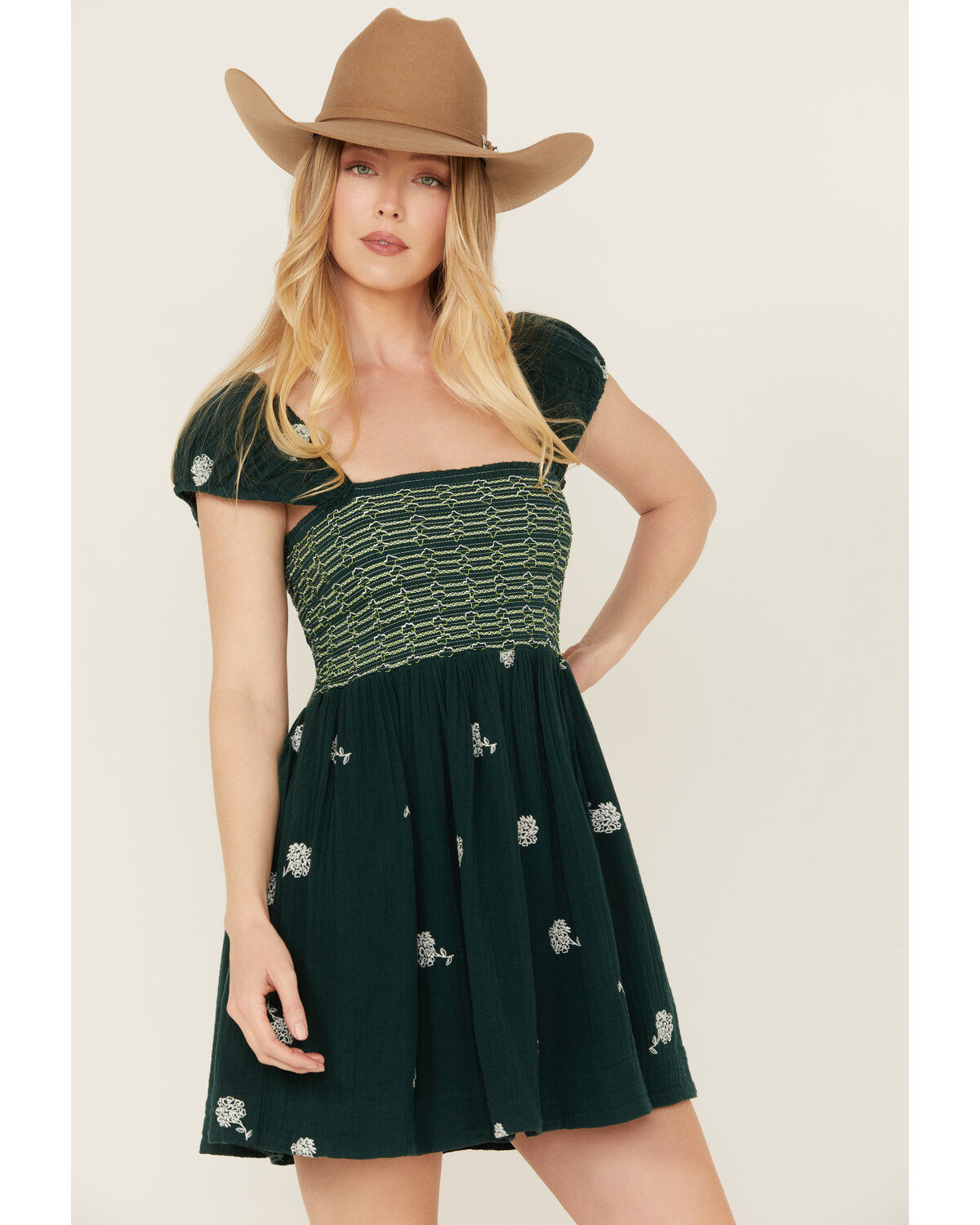 Image #2 - Free People Women's Tory Floral Smocked Mini Dress, Green, hi-res
