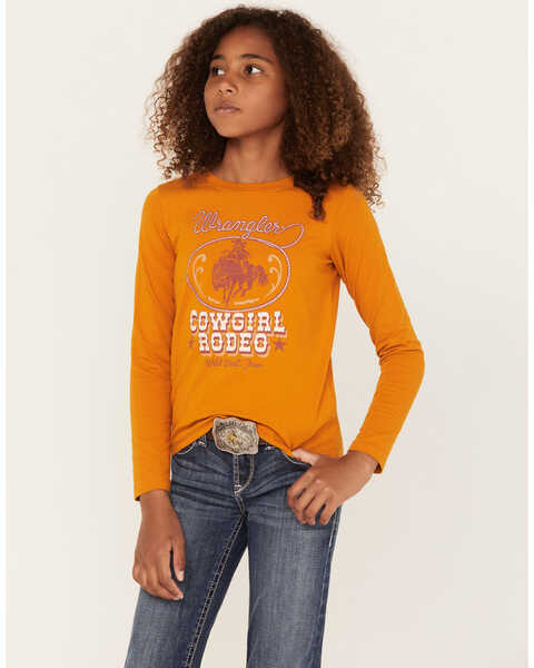 Wrangler Girls' Cowgirl Rodeo Long Sleeve Graphic Tee, Tan, hi-res