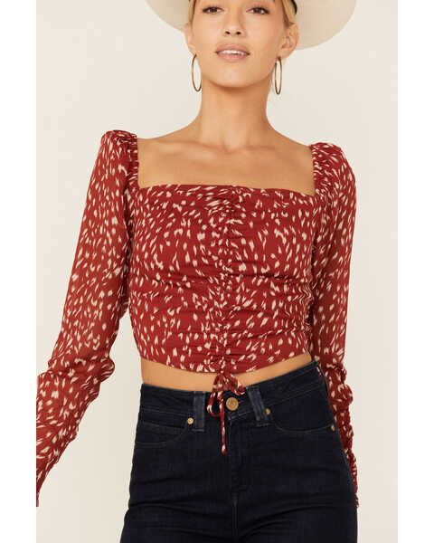 Lush Women's Red Abstract Print Ruched Drawstring Cropped Top, Red, hi-res