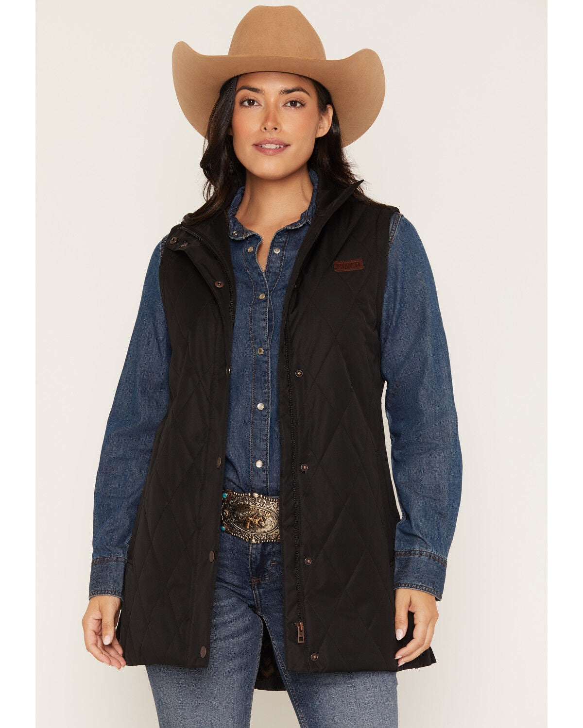 Image #1 - Cinch Women's Quilted 2/4 Length Fleece Lined Vest, Black, hi-res
