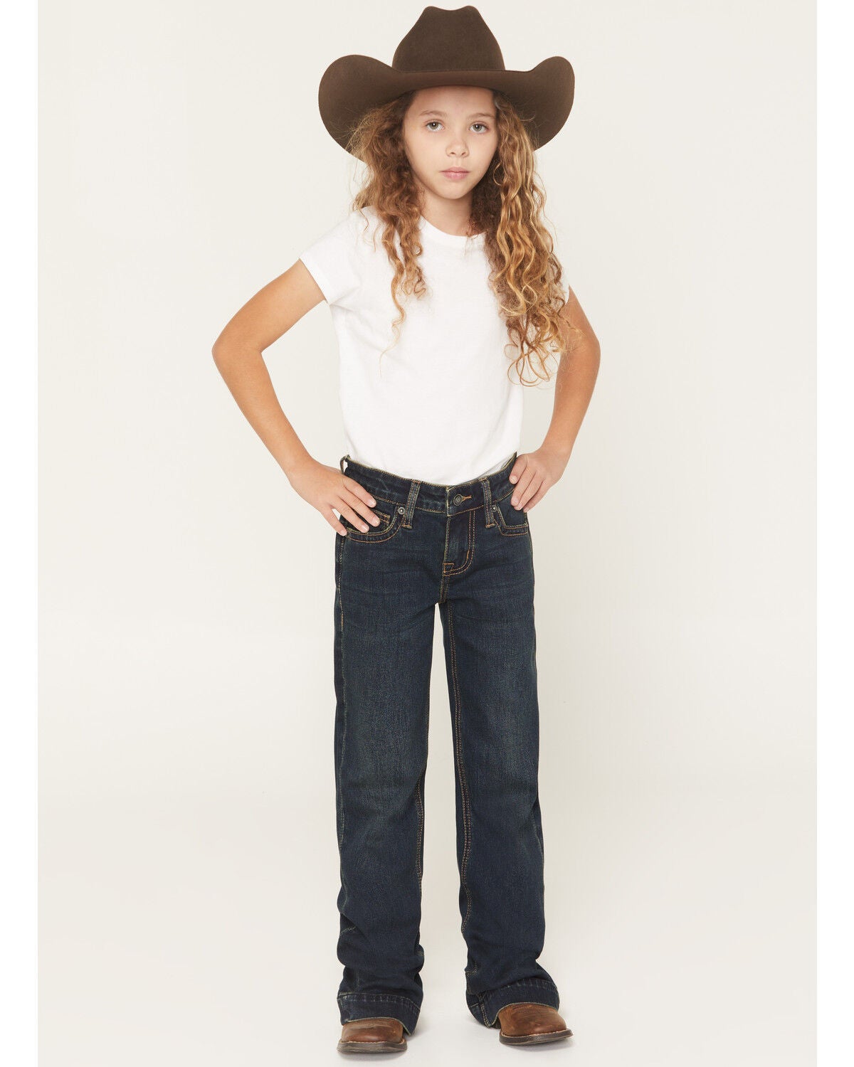 Rock & Roll Denim Girls' Dark Wash Suede Pocket Trouser Stretch Denim Jeans, Dark Wash, hi-res