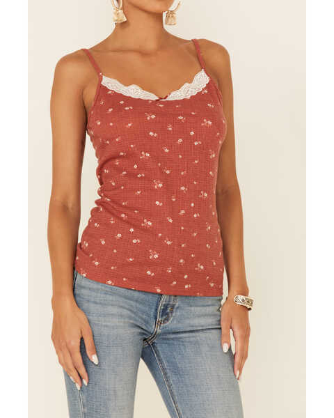 Image #3 - Wild Moss Women's Floral Print Lace Trim Ribbed Cami , Rust Copper, hi-res