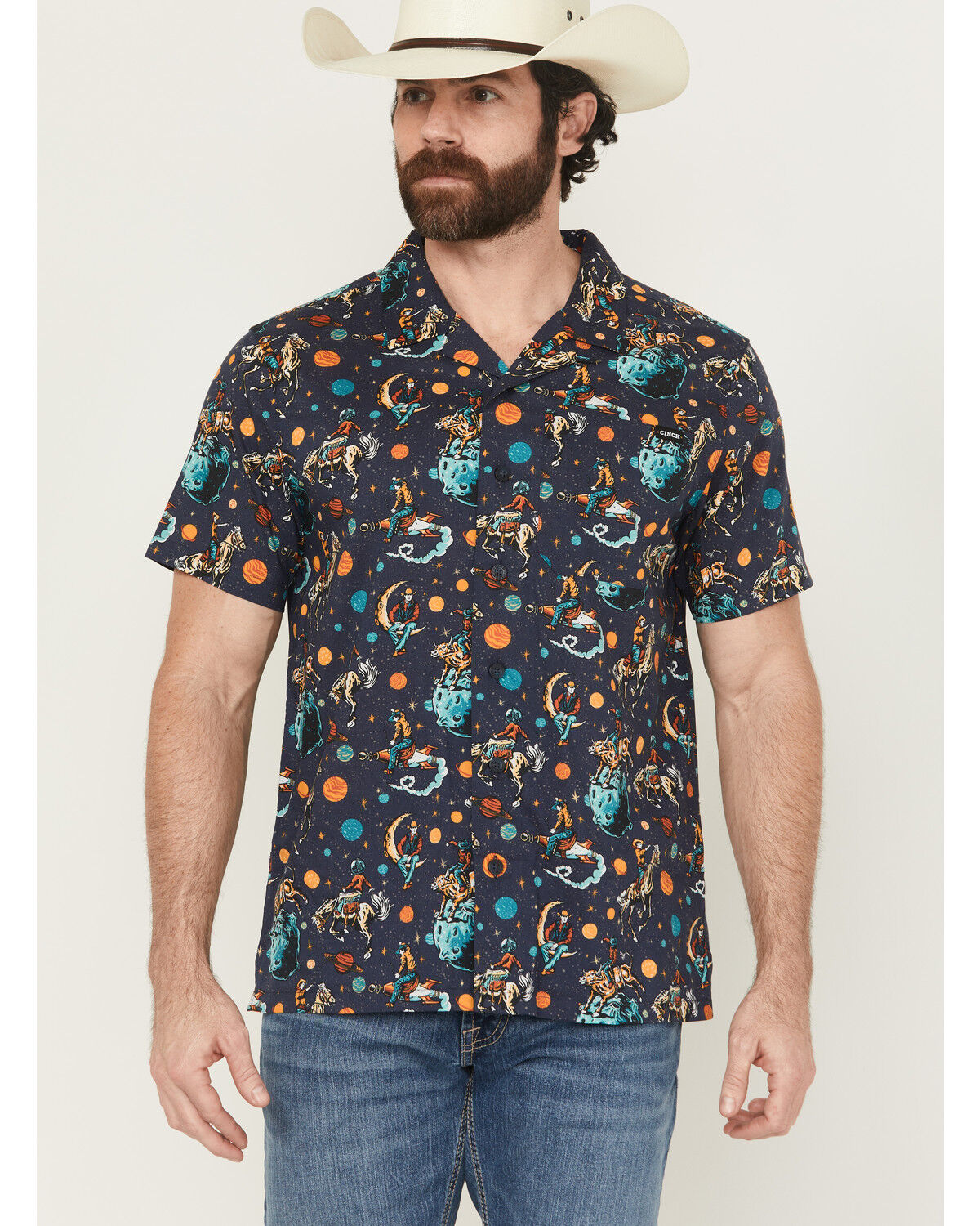 Image #1 - Cinch Men's Camp Space Cowboy Short Sleeve Button-Down Western Shirt, , hi-res