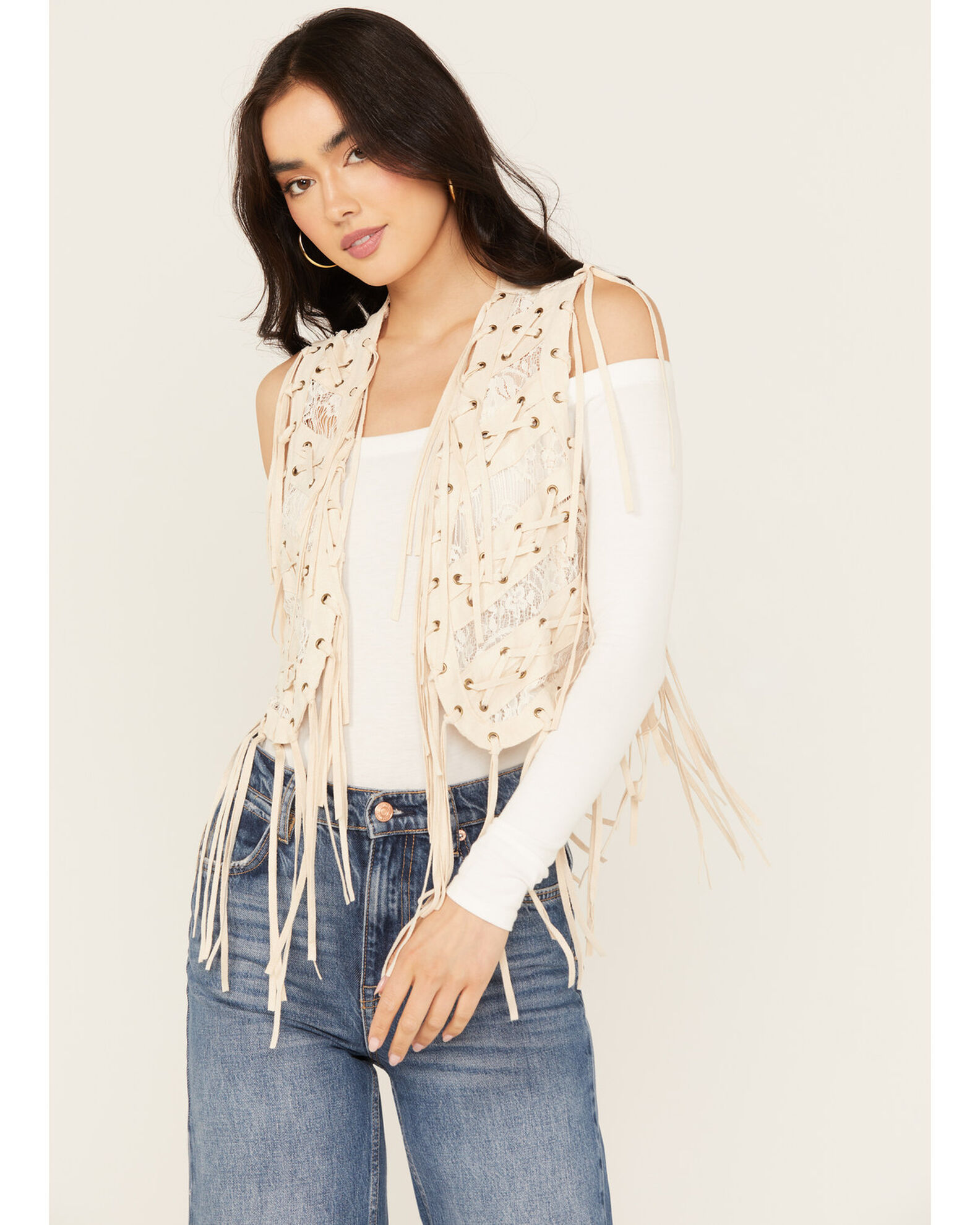 Image #1 - Vocal Women's Braided Lace Fringe Vest, Natural, hi-res