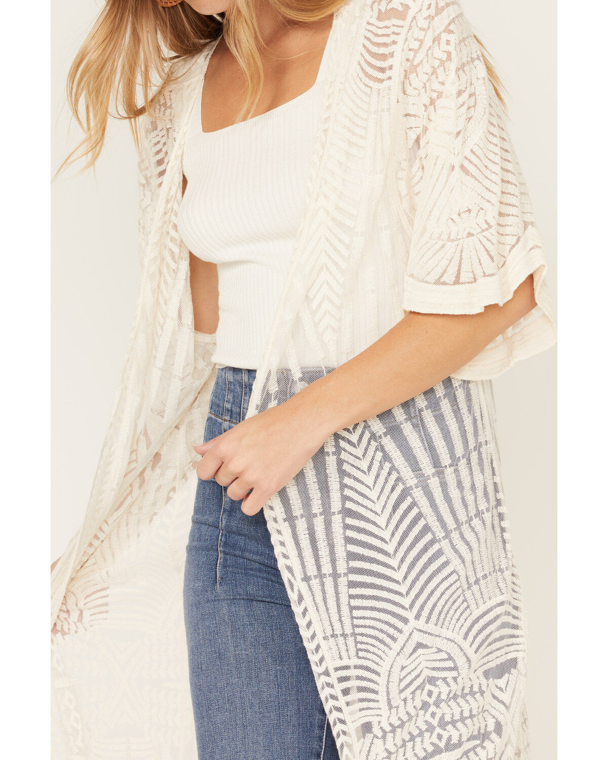 Image #3 - Shyanne Women's Geo Print Lace Short Sleeve Kimono, Ivory, hi-res