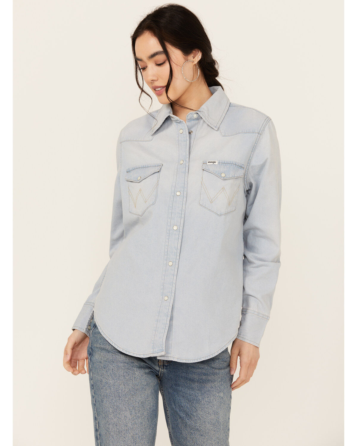 Image #1 - Wrangler Women's Heritage Long Sleeve Snap Western Shirt, Light Wash, hi-res