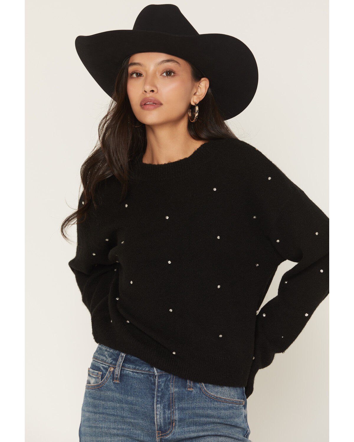 Image #1 - Rock & Roll Denim Women's Rhinestone Sweater, Black, hi-res