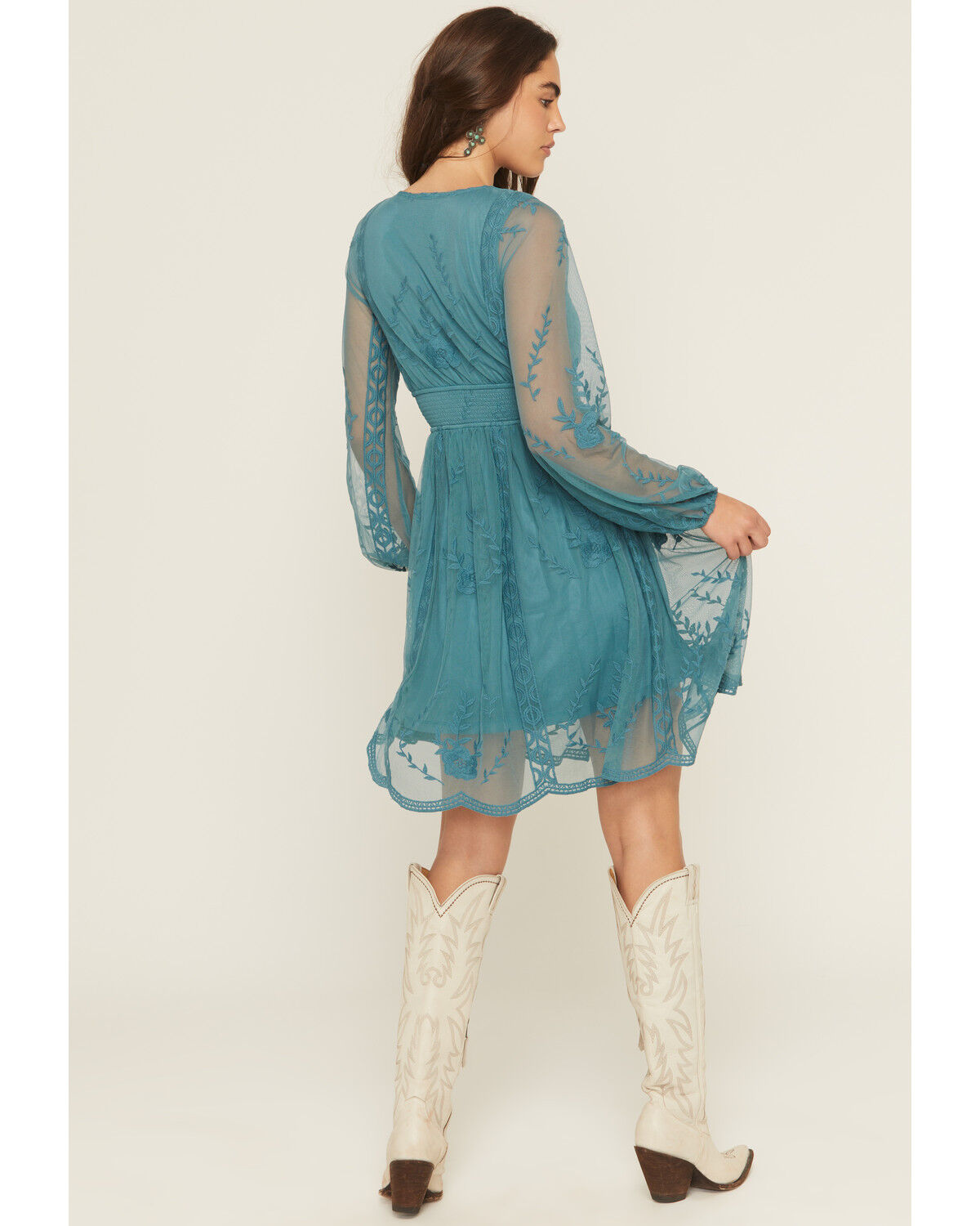 Shyanne Women's Embroidered Mesh Long Sleeve Button Front Mini Dress