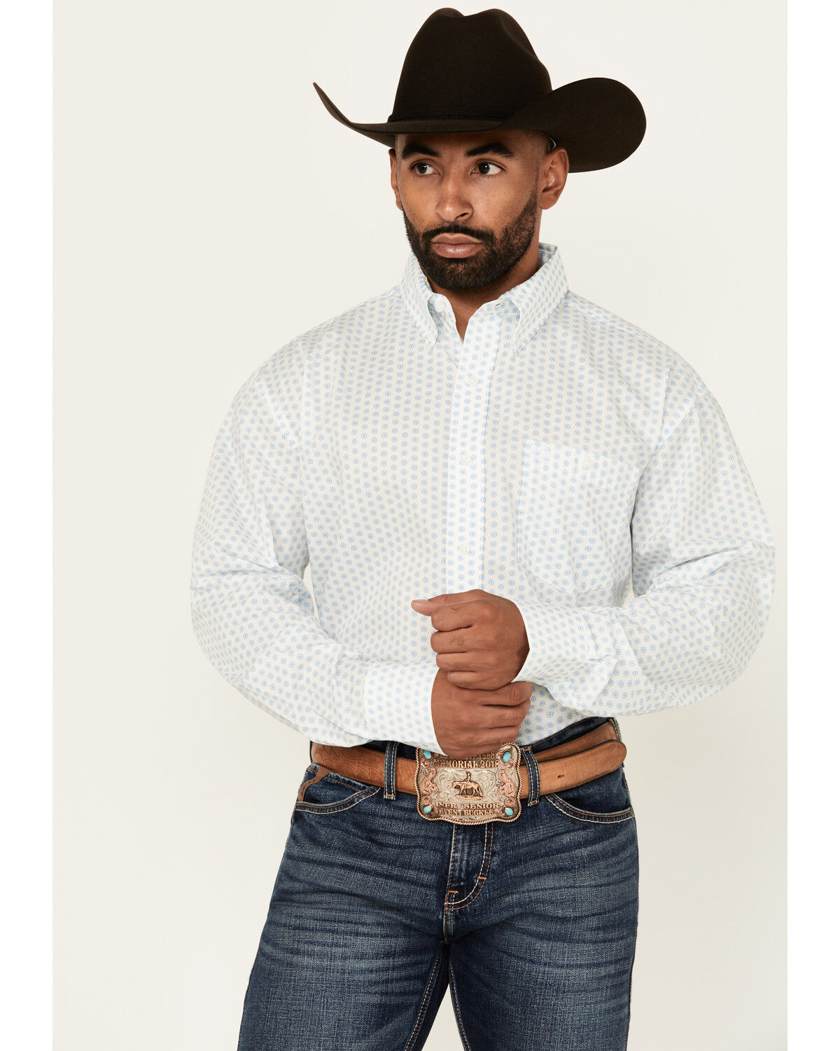 Image #1 - Wrangler Men's Classic Geo Print Long Sleeve Button-Down Stretch Western Shirt, Blue, hi-res