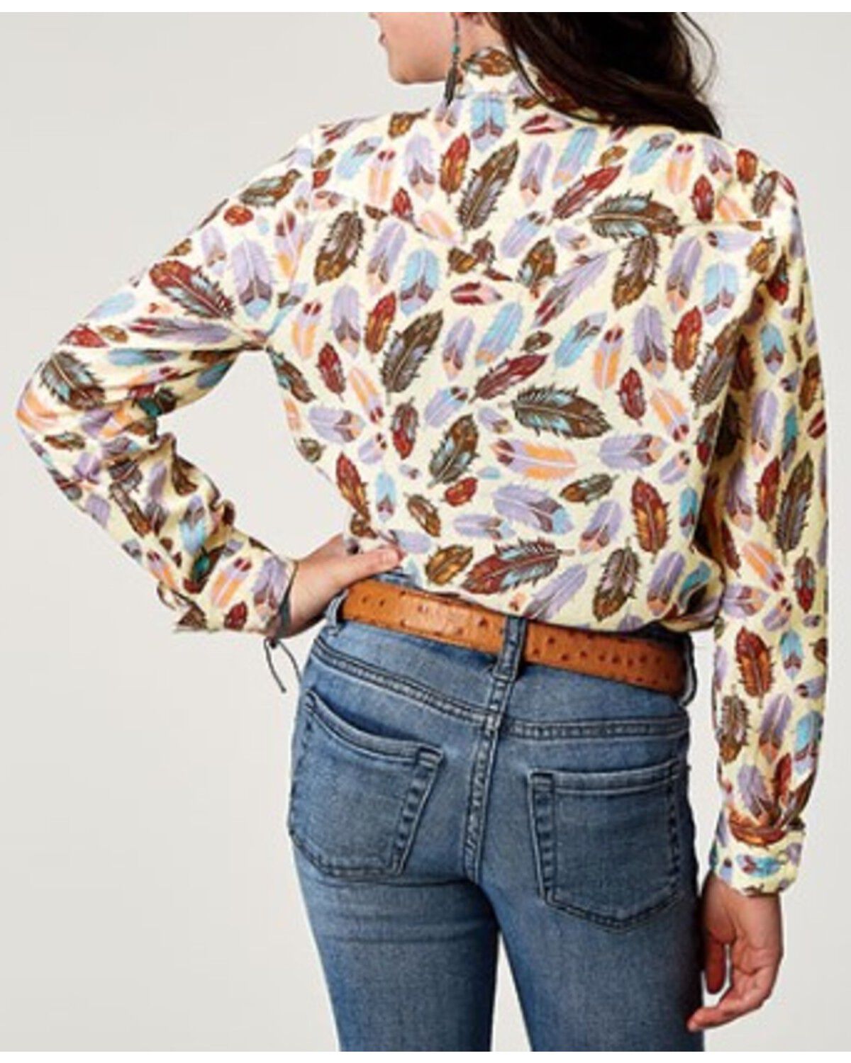 Image #2 - Roper Girls' Feather Print Long Sleeve Snap Western Shirt, Cream, hi-res