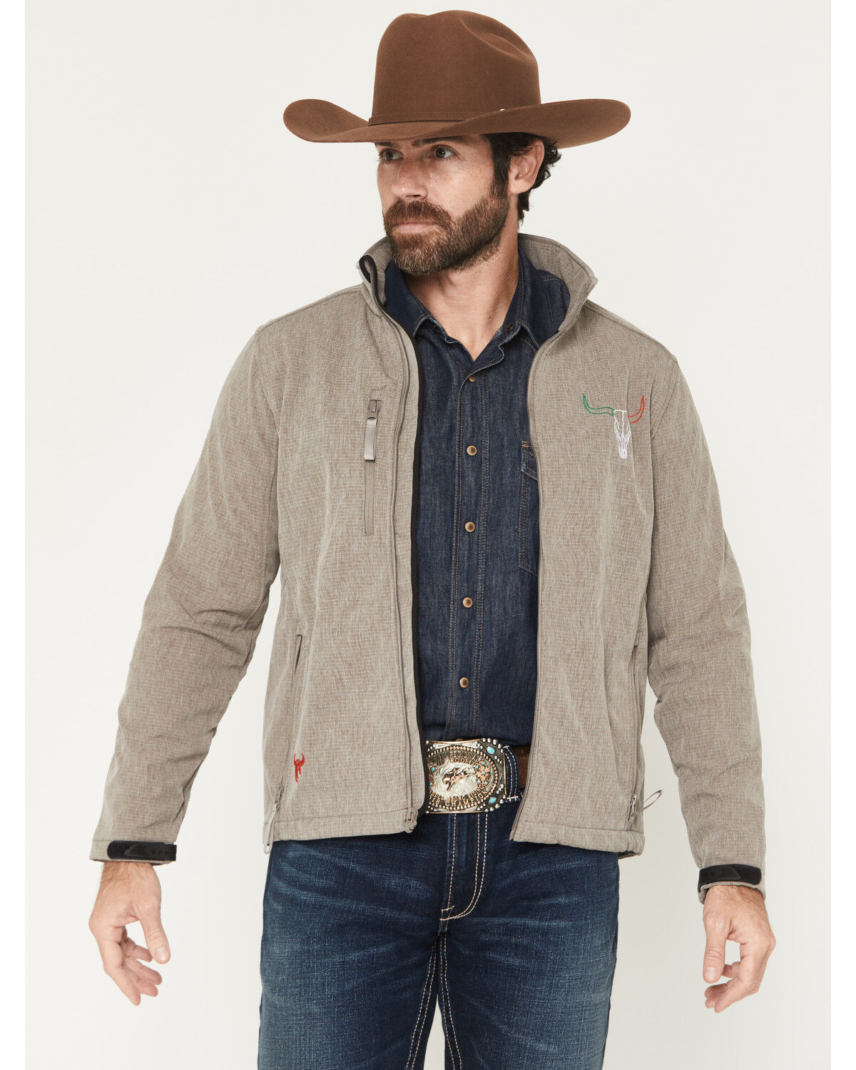 Image #2 - Cowboy Hardware Men's Hecho en Mexico Longhorn Softshell Jacket, Khaki, hi-res