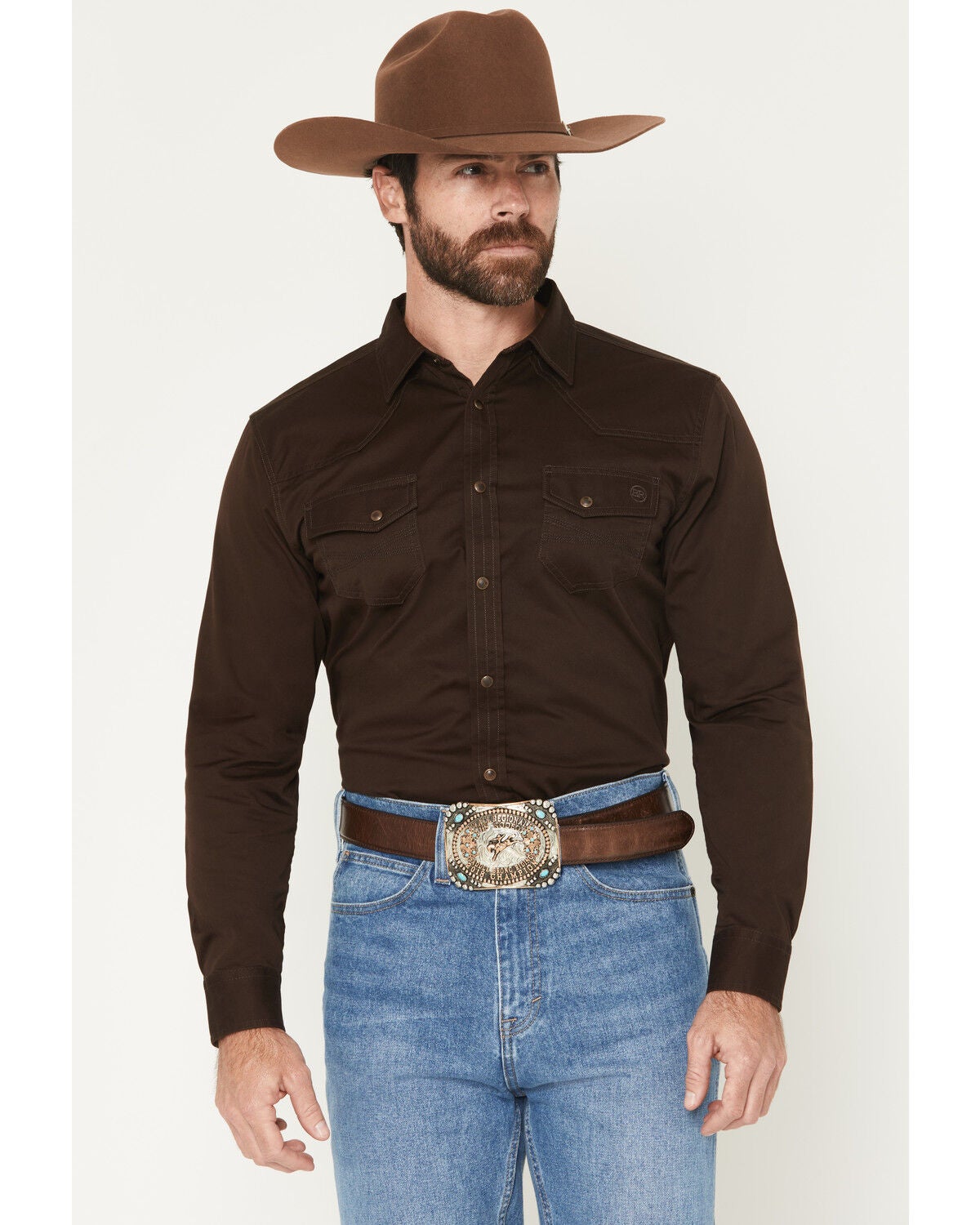 Blue Ranchwear Men's Ranch Life Solid Long Sleeve Snap Stretch Western Shirt, Brown, hi-res