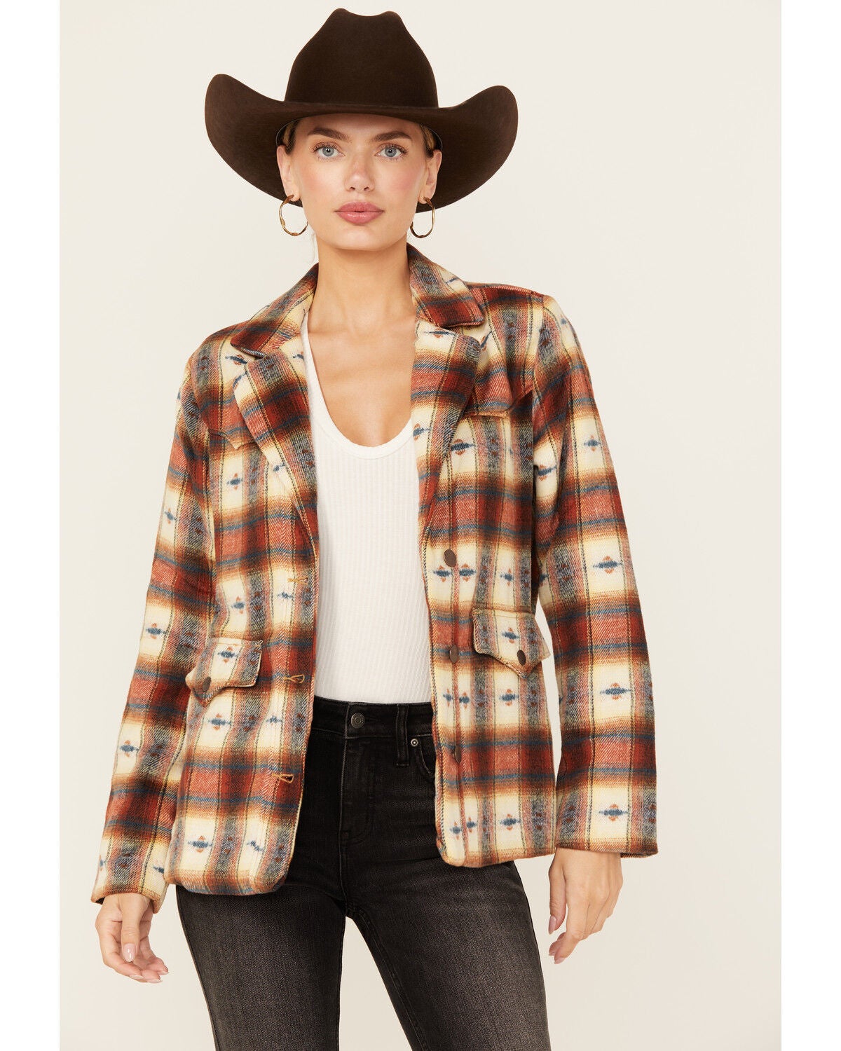 Wrangler Women's Plaid Print Blazer, Rust Copper, hi-res