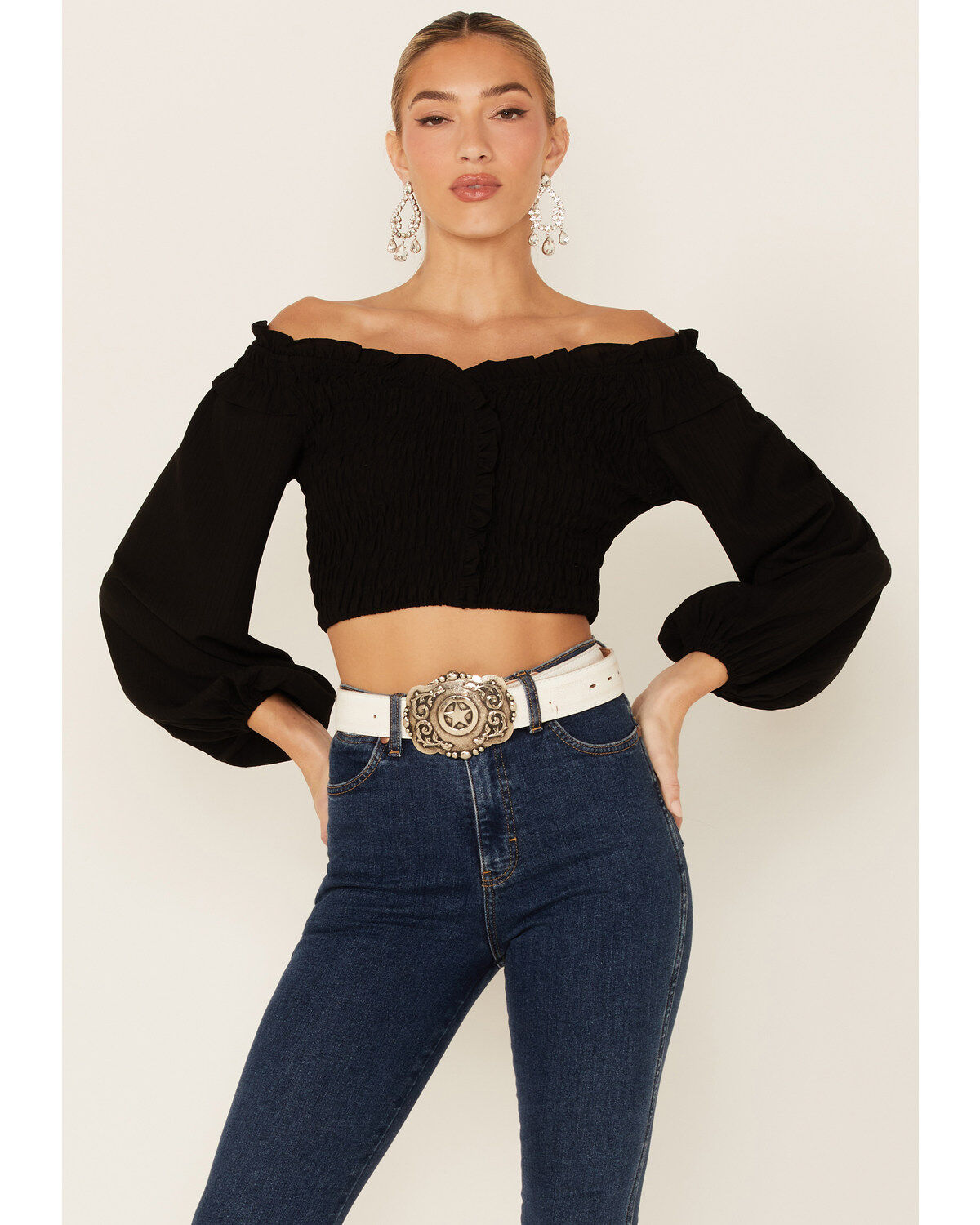 Image #1 - Flying Tomato Women's Solid Off The Shoulder Smocked Crop Long Sleeve Top, , hi-res