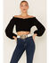 Flying Tomato Women's Solid Off The Shoulder Smocked Crop Long Sleeve Top, Black, hi-res