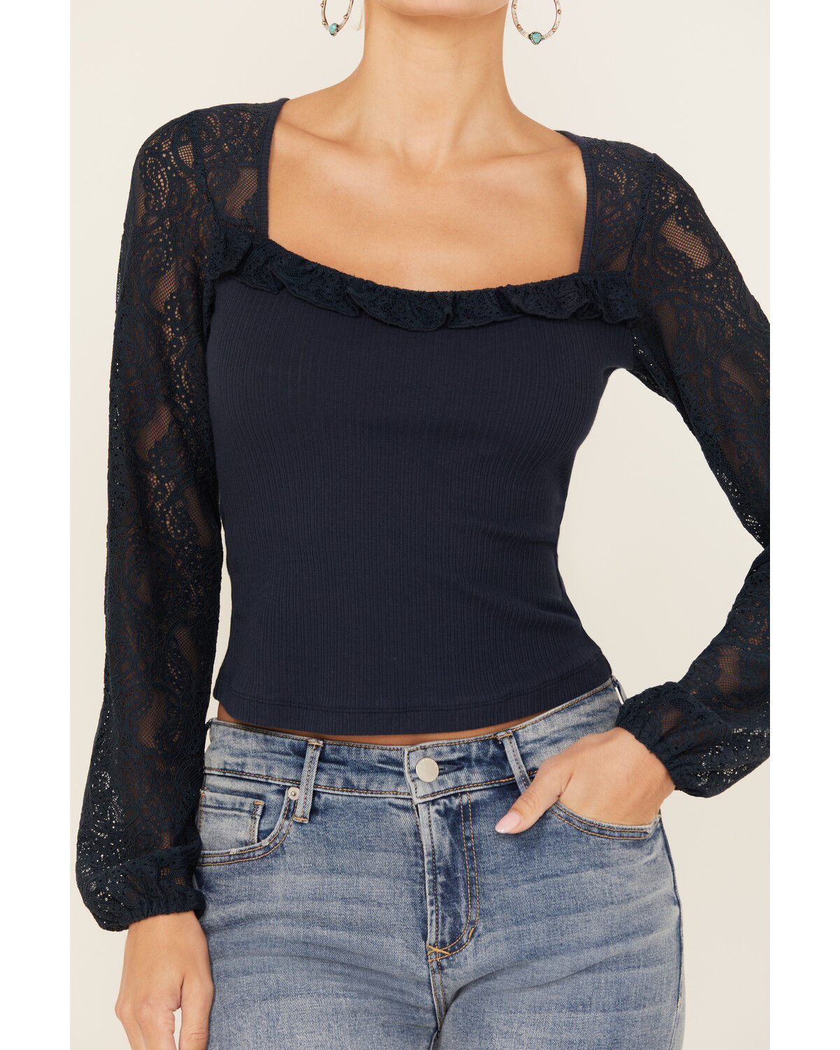 Image #3 - Shyanne Women's Solid Lace Long Sleeve Shirt, Navy, hi-res