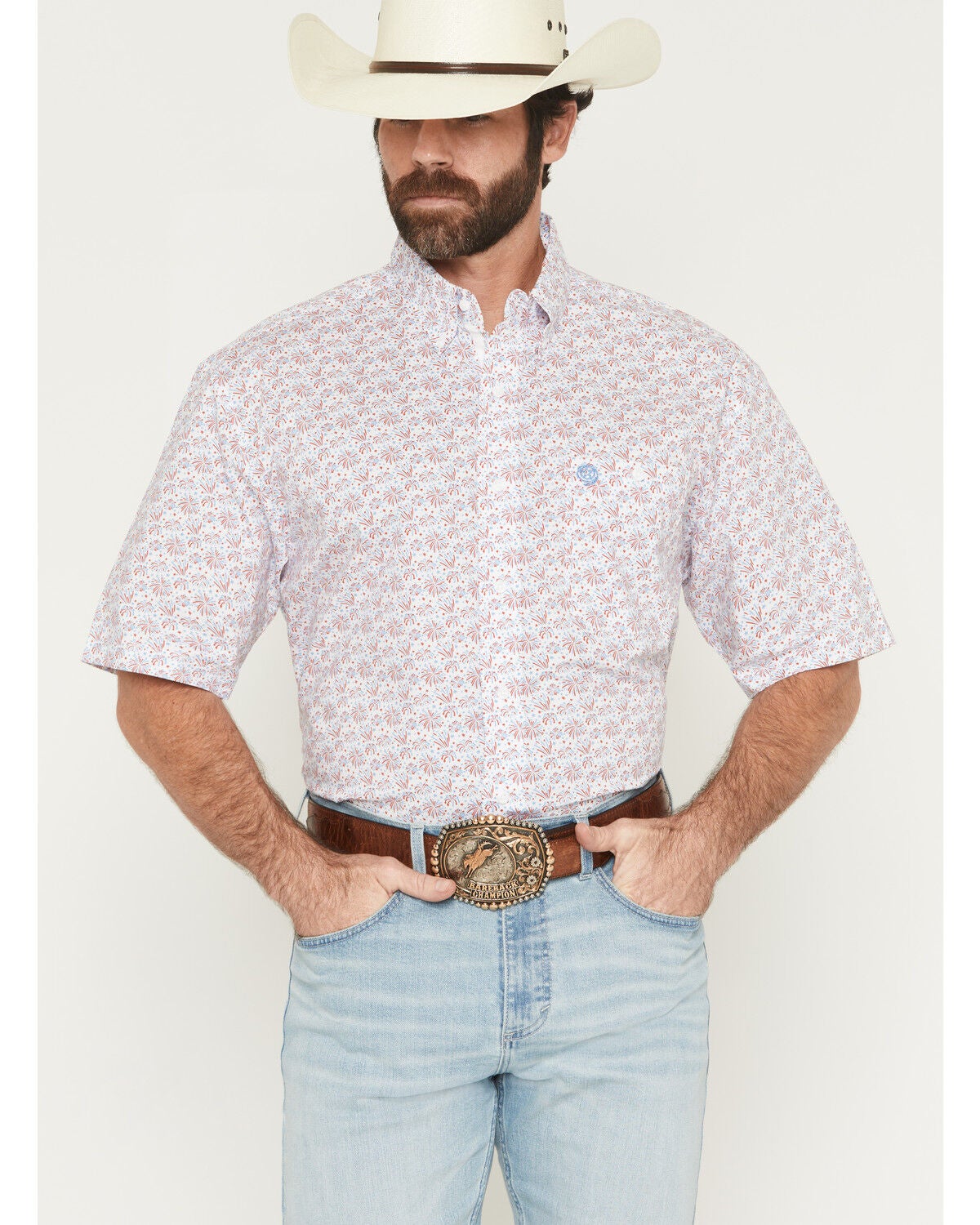 Image #1 - George Strait by Wrangler Men's Firework Print Short Sleeve Button-Down Stretch Western Shirt, Blue, hi-res