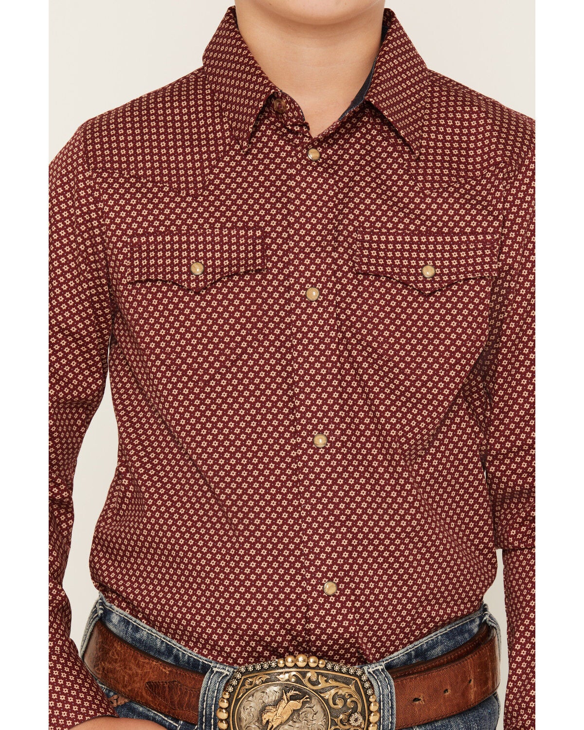Image #3 - Cody James Boys' NFR Geo Print Long Sleeve Snap Stretch Western Shirt, Burgundy, hi-res