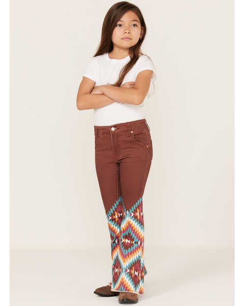 Image #1 - Ranch Dress'n Girls' Dakota Southwestern Print Mid Rise Super Flare Jeans, Burgundy, hi-res