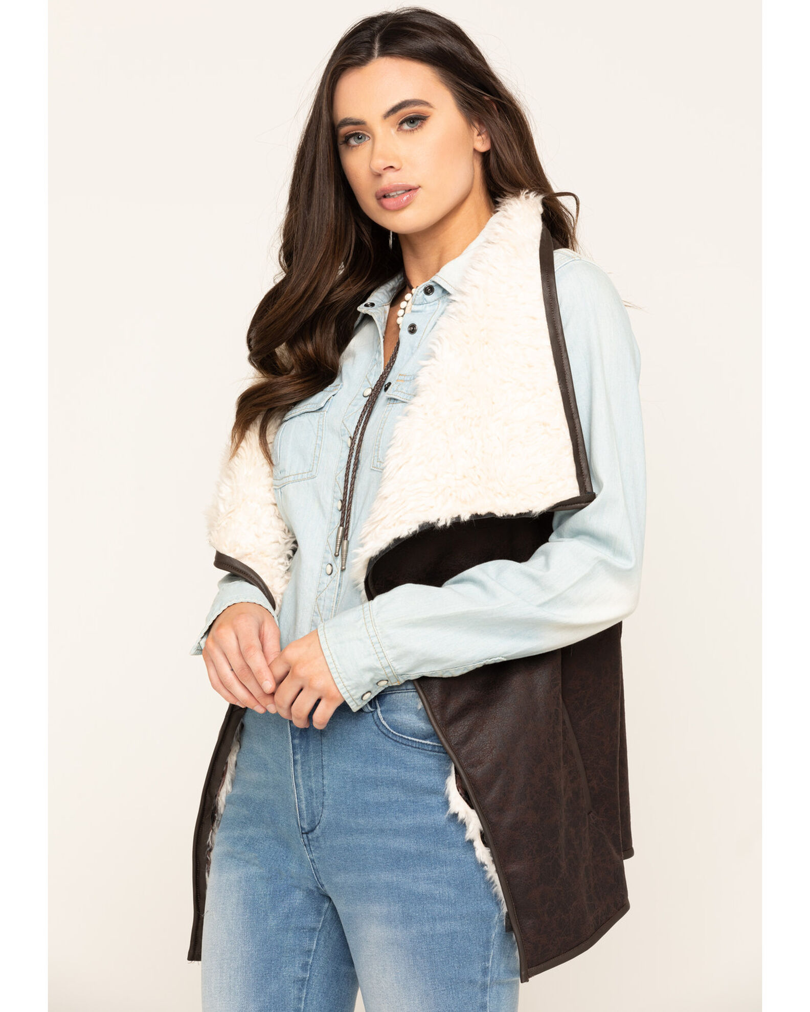 Image #3 - Cripple Creek Women's Pine Cone Faux Shearling Wrap Vest, Brown, hi-res