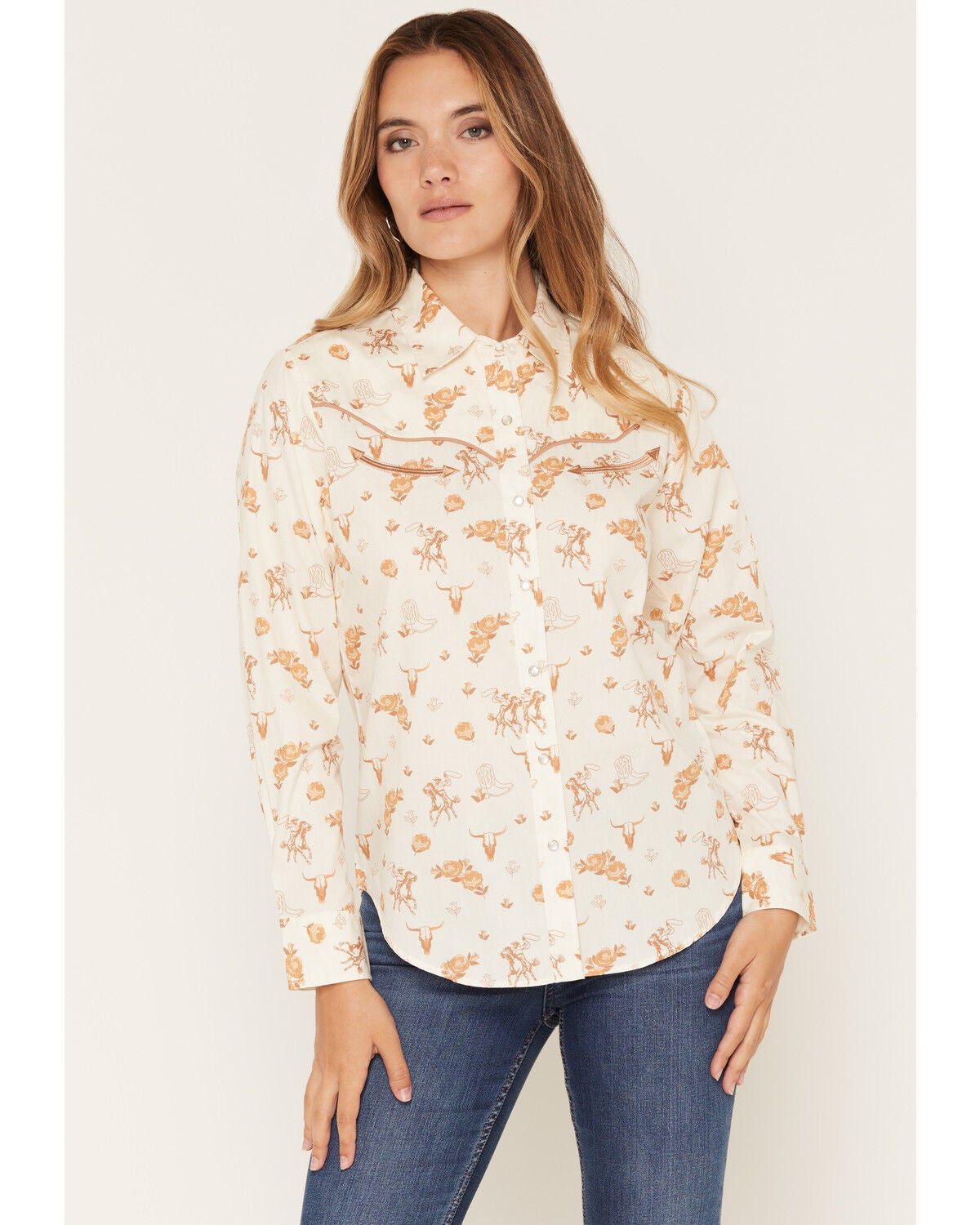 Image #1 - Ely & Walker Women's Boot Barn Exclusive Western Conversational Print Long Sleeve Pearl Snap Western Shirt, Cream, hi-res