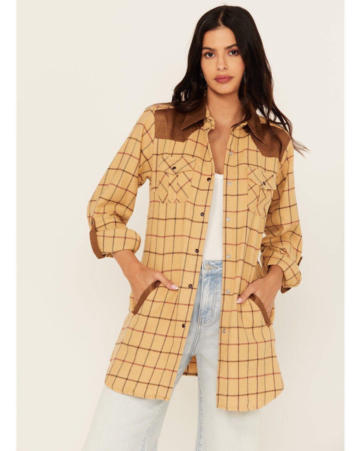 Tasha Polizza Women's Plaid Print Long Sleeve Snap Western Shirt, Tan, hi-res