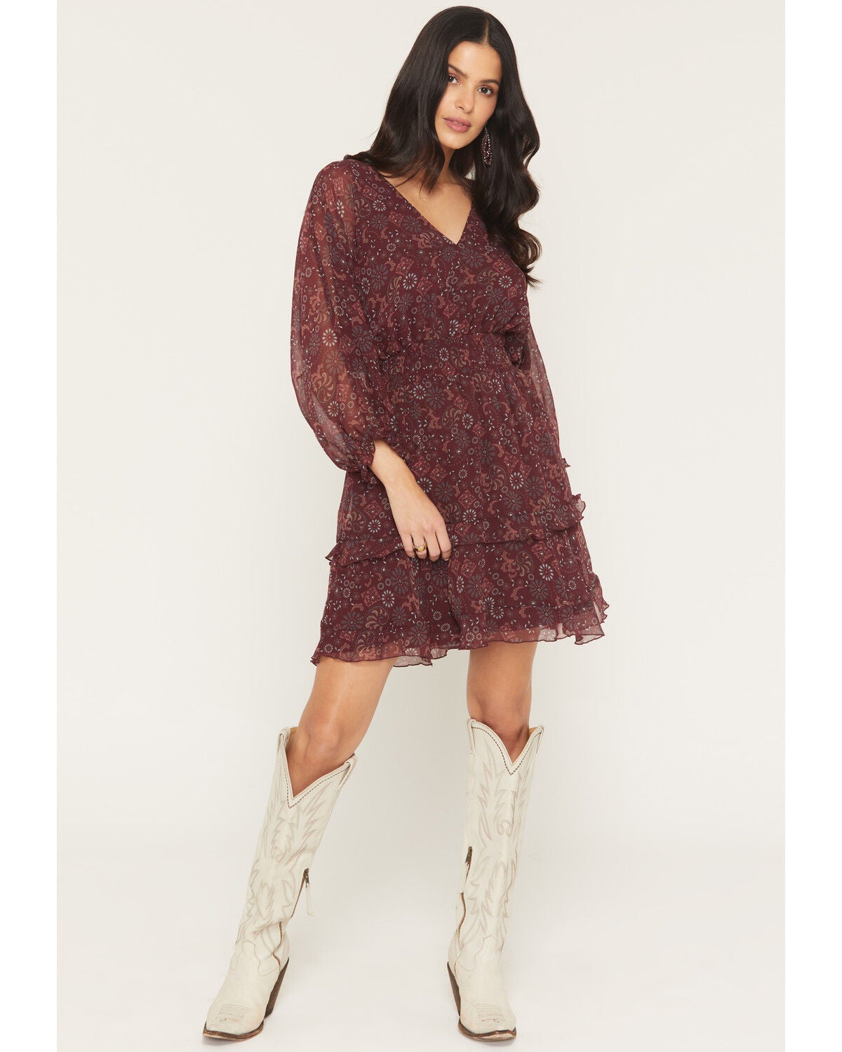 Shyanne Women's Glenwood Floral Print Long Sleeve Chiffon Mini Dress, Brick Red, hi-res