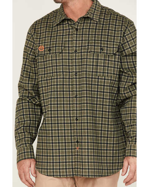 Hawx Men's FR Plaid Print Woven Long Sleeve Button Down Work Shirt - Tall , Olive, hi-res