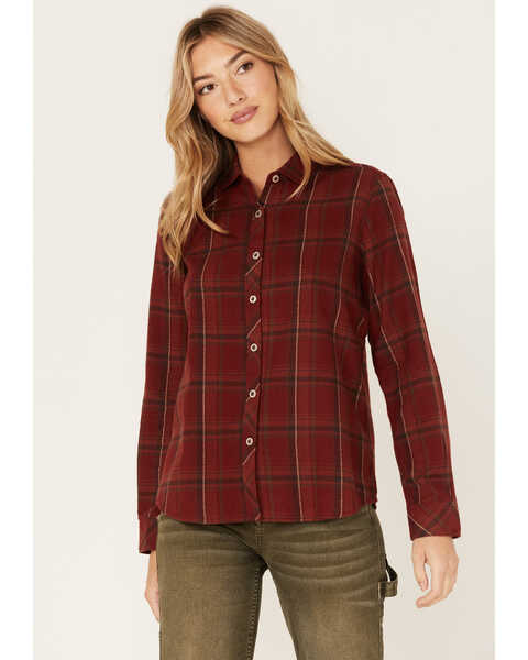 North River Women's Plaid Print Long Sleeve Button Down Flannel Shirt, Rust Copper, hi-res