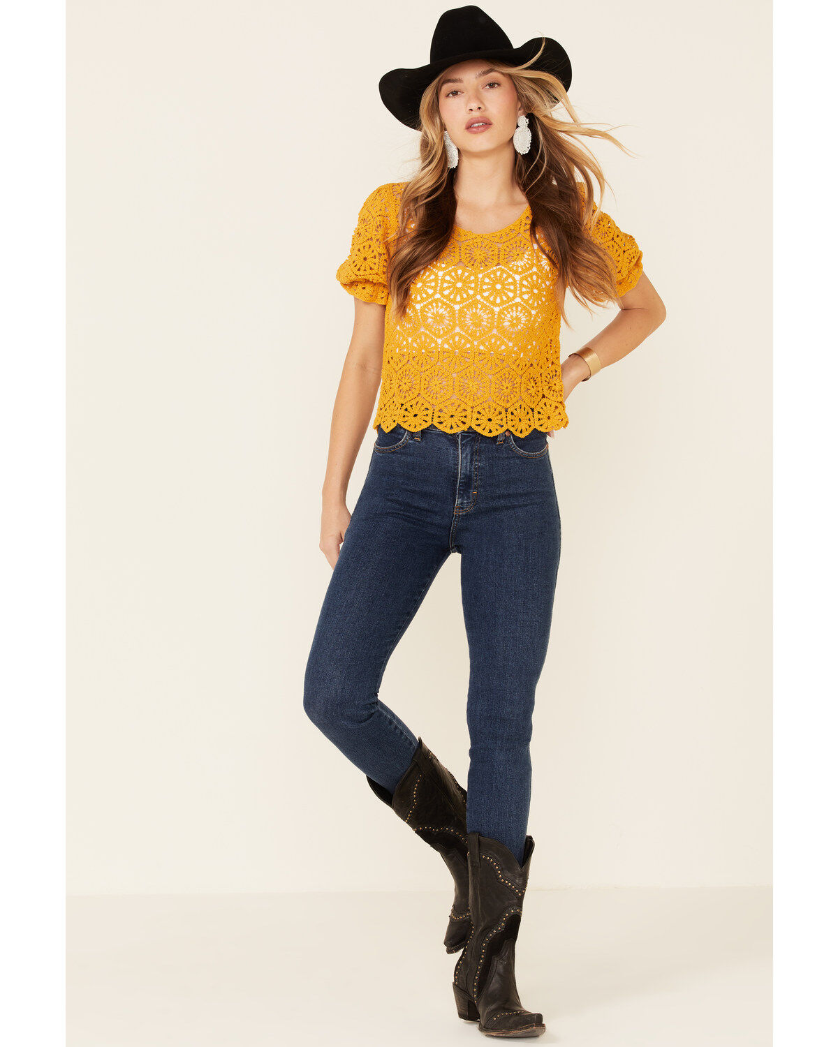 Image #2 - Very J Women's Mustard Circle Crochet Short Sleeve Crop Top, Mustard, hi-res