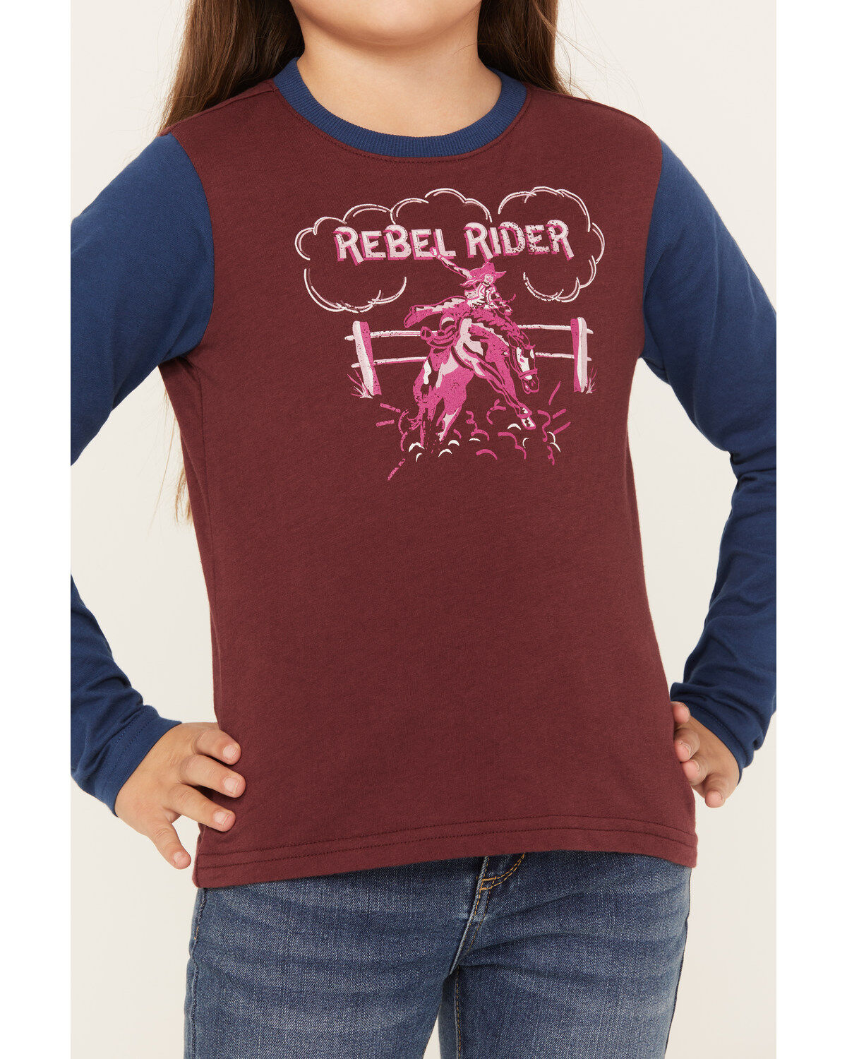 Image #3 - Shyanne Girls' Long Sleeve Rider Graphic Tee, Burgundy, hi-res