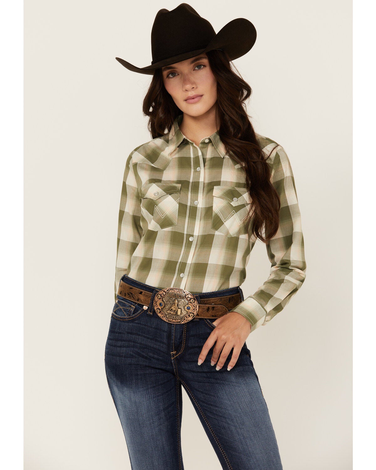 Wrangler Retro Women's Plaid Print Long Sleeve Pearl Snap Western Shirt, Green, hi-res