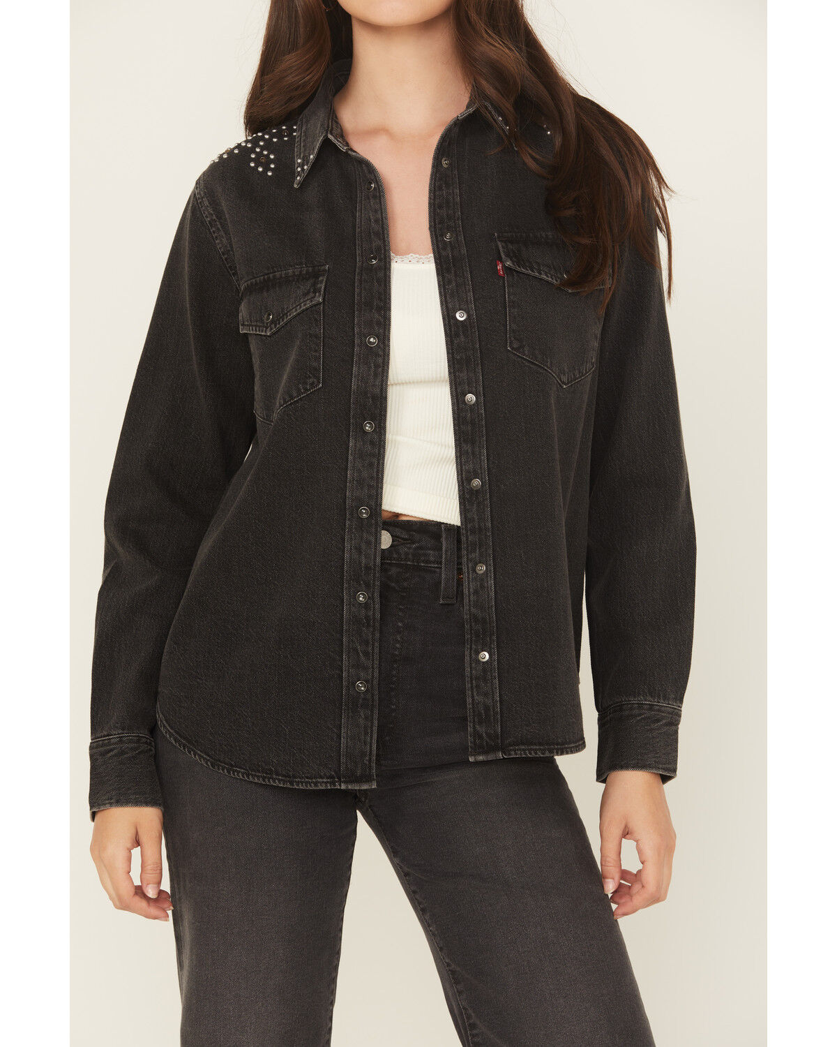 Image #3 - Levi's Premium Women's Iconic Western Denim Long Sleeve Snap Shirt, Black, hi-res