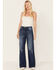 Cleo + Wolf Women's Medium Wash High Rise Distressed Knee Flare Jeans, Blue, hi-res